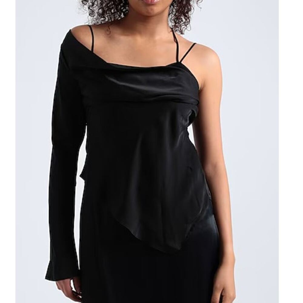 Topshop Black Satin Cowl Neck One Shoulder Flare Sleeve Asymmetrical Blouse Sz 6